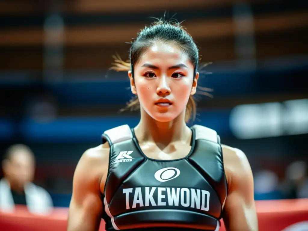 Un atleta de Taekwondo con intensa concentración y los mejores protectores tórax Taekwondo, en medio de un entrenamiento dinámico