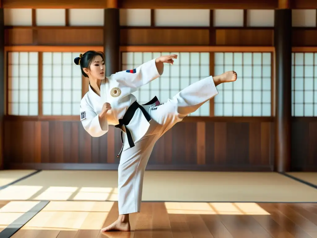 Un atleta de Taekwondo muestra maestría en un elegante dojo, demostrando el mejor equipamiento para practicar Taekwondo con precisión y determinación