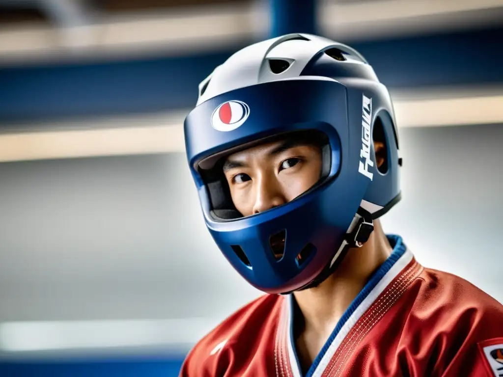 Un atleta de Taekwondo usa uno de los mejores cascos Taekwondo absorción impactos, desplegando poder y determinación en su entrenamiento