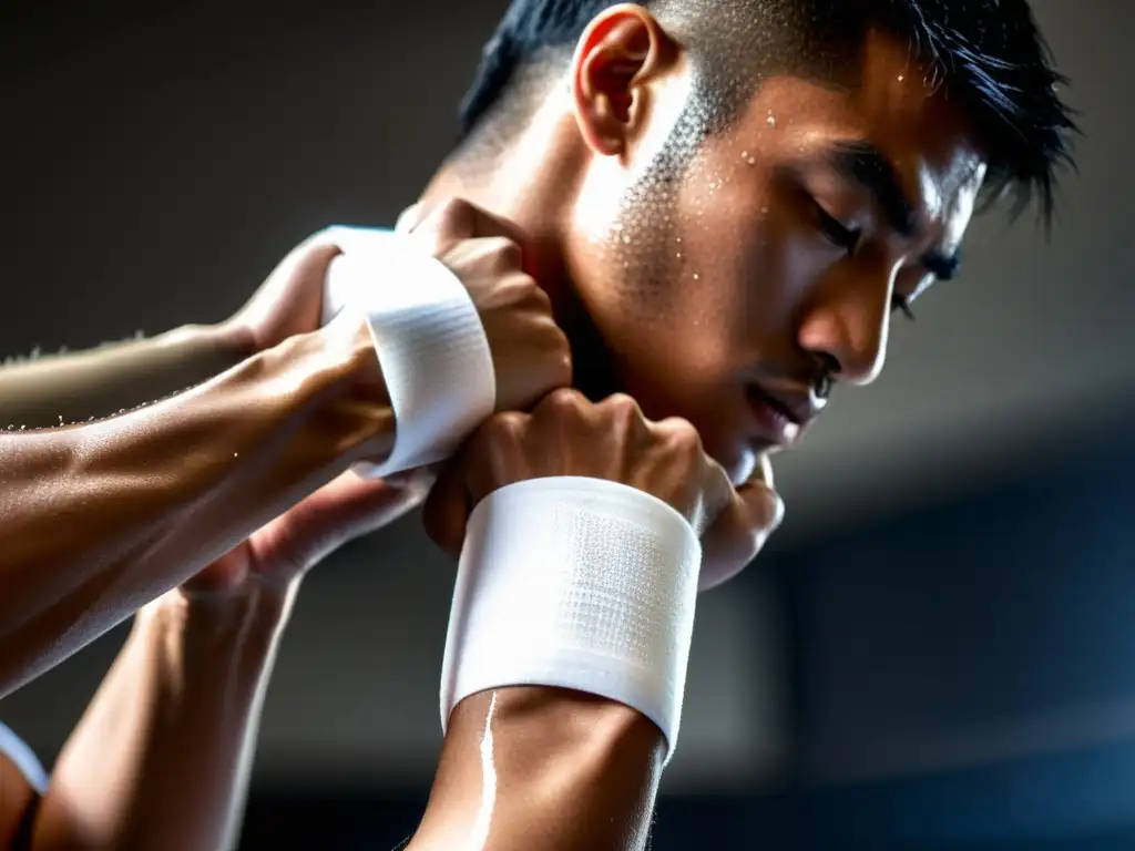 Un atleta de taekwondo se prepara con determinación, envolviendo sus muñecas en cinta deportiva blanca, con un dojo tradicional al fondo