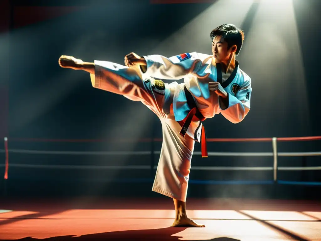 Un atleta de taekwondo realiza una patada alta con determinación y enfoque, demostrando fuerza y agilidad