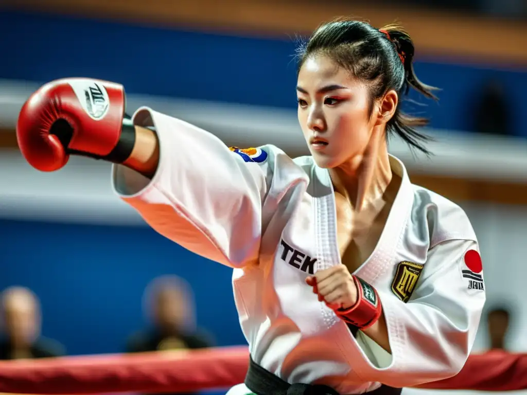 Un atleta de taekwondo ejecuta una patada perfecta, mostrando la determinación y precisión requeridas en el deporte