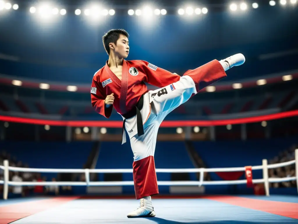 Un atleta de taekwondo en plena competición, con determinación y fuerza, listo para inspirar con historias inspiradoras de atletas taekwondo