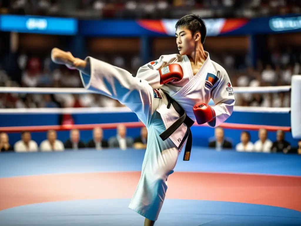 Un atleta de taekwondo ejecuta un potente patada giratoria en un torneo, con determinación en su rostro y el uniforme de su país