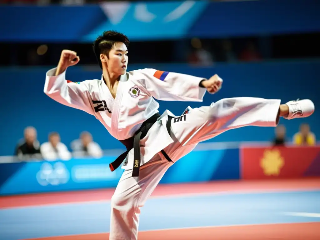 Un atleta de taekwondo ejecuta un potente y preciso patada giratoria en una competencia olímpica, capturando la trayectoria del taekwondo en Juegos Olímpicos con intensidad y emoción