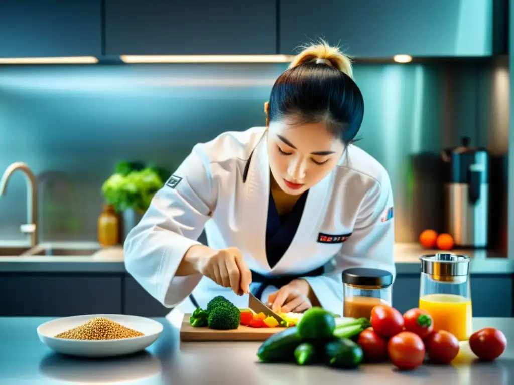 Un atleta de taekwondo prepara con precisión una dieta balanceada en una cocina moderna, reflejando dedicación y enfoque para competir en taekwondo