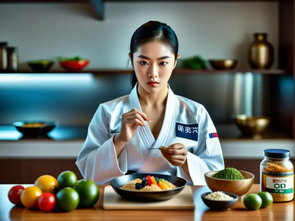 Un atleta de taekwondo profesional se prepara con determinación y precisión su dieta para competir, rodeado de alimentos y suplementos nutritivos