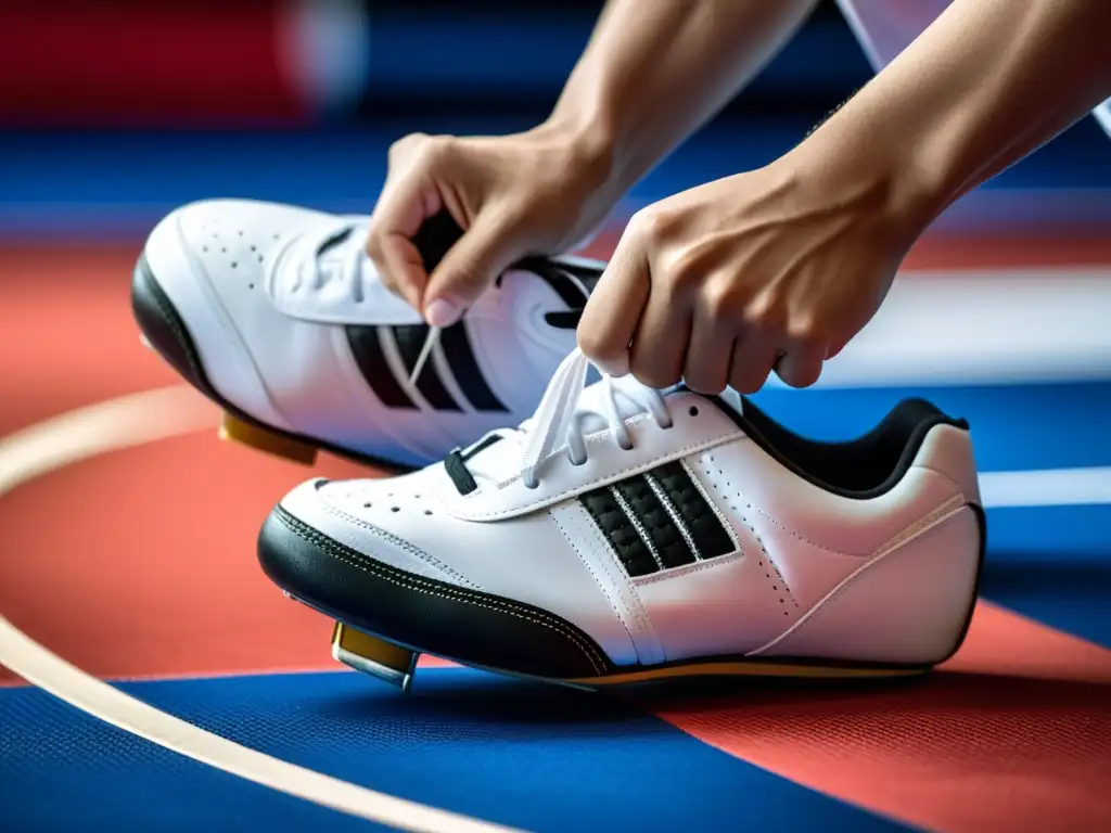 Un atleta de taekwondo profesional se concentra atando las zapatillas oficiales para Taekwondo, listo para el entrenamiento