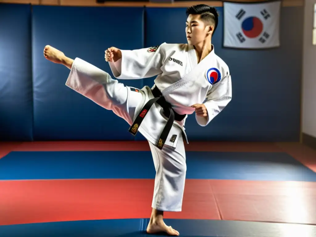 Un atleta de taekwondo ejecuta un salto potente en su dobok blanco, mostrando disciplina y fuerza en su rutina de preparación física para taekwondo