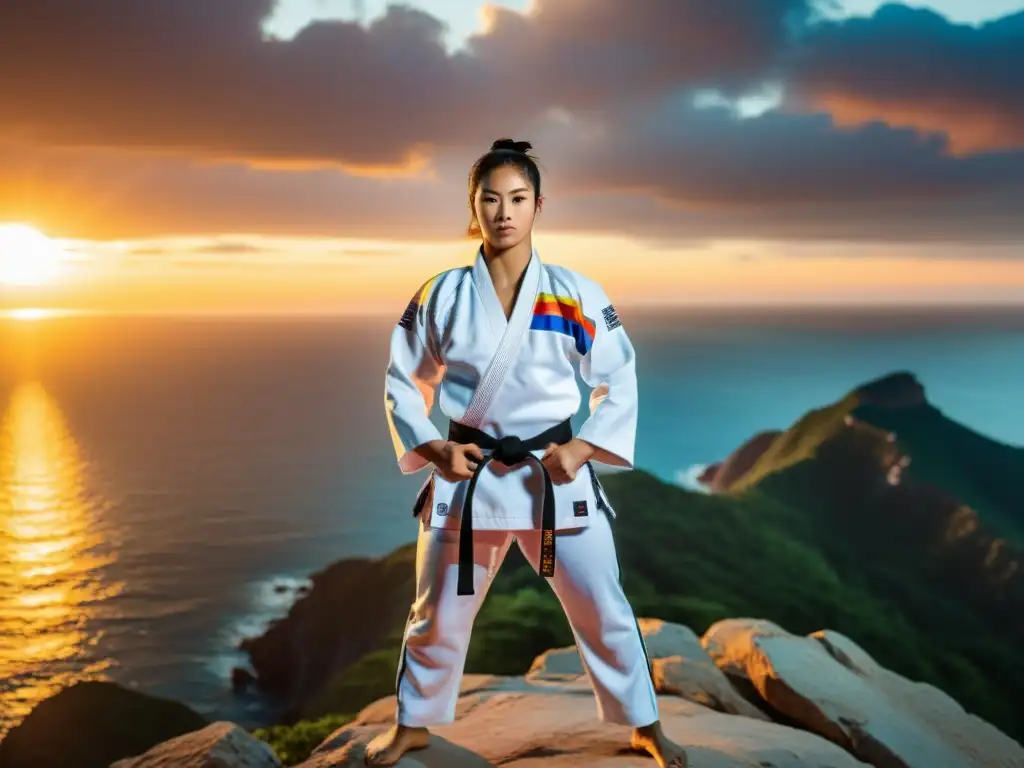 Un atleta de taekwondo en uniforme blanco, mirando un atardecer desde un acantilado, refleja determinación y fuerza