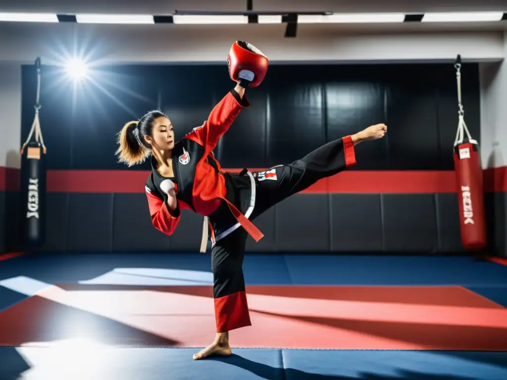 Un atleta de Taekwondo en uniforme negro y rojo realiza una patada alta en el gimnasio, mostrando determinación y enfoque