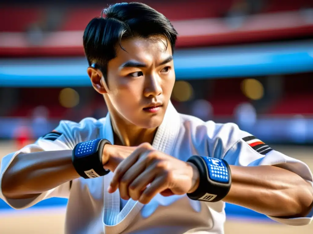 Un atleta de taekwondo lleva un wearable moderno mientras realiza una patada poderosa