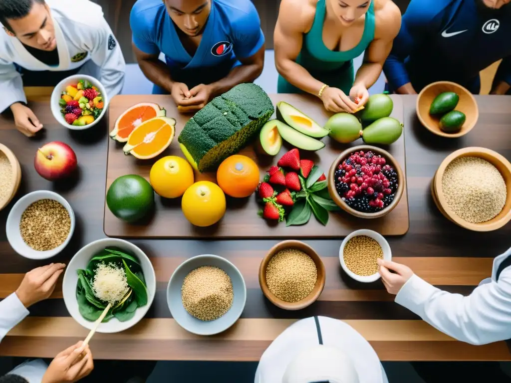 Atletas de JiuJitsu disfrutan de alimentos energéticos en una mesa colorida, reflejando camaradería y determinación