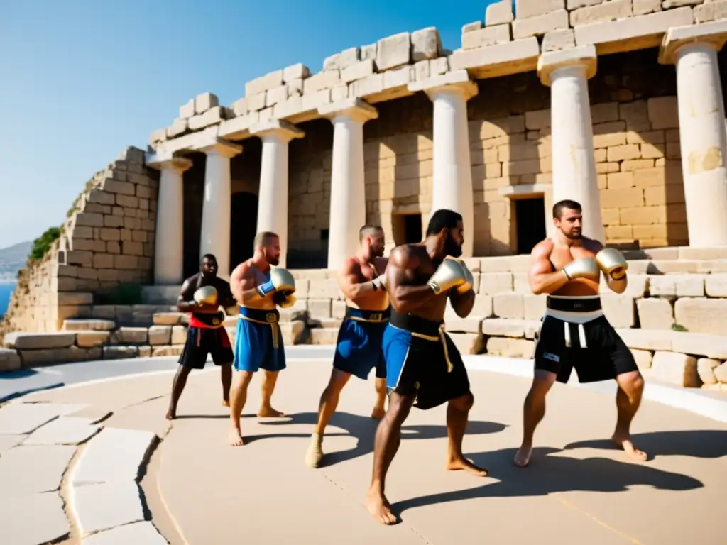 Atletas de Pankration entrenan en un antiguo anfiteatro griego junto al mar Mediterráneo