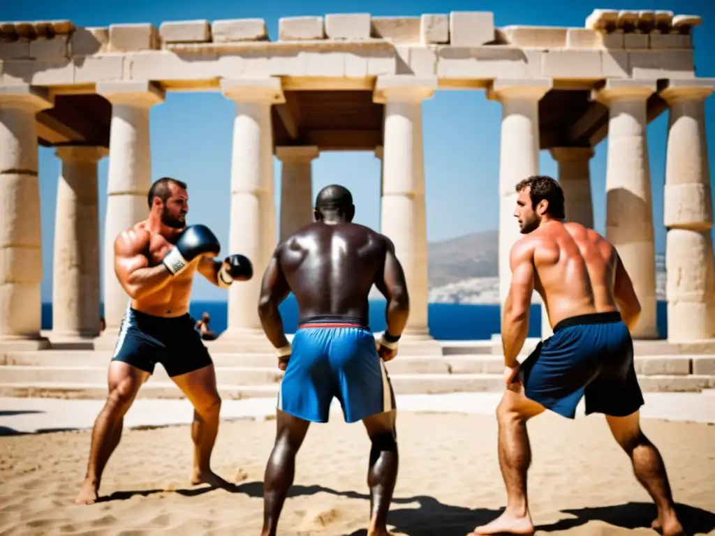 Atletas de Pankration entrenando en campamento griego, preparándose para competir internacionalmente bajo el sol mediterráneo