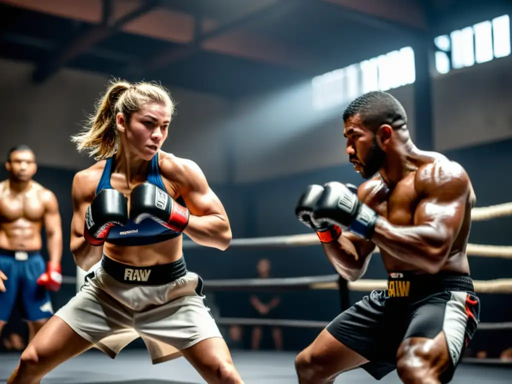 Atletas de MMA entrenando en un gimnasio oscuro y desafiante, mostrando determinación y camaradería