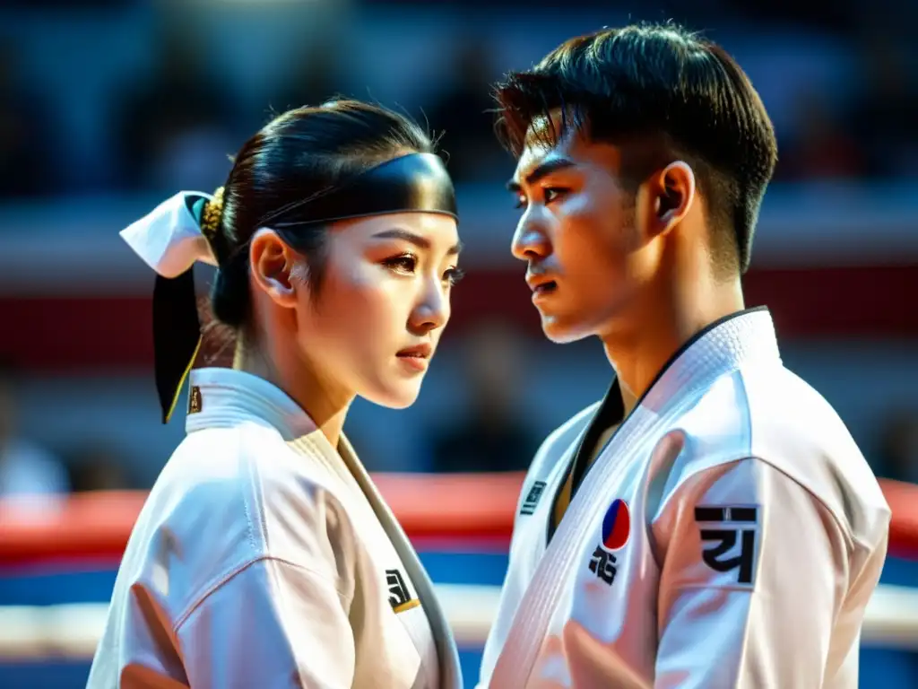 Taekwondo: Dos atletas se inclinan respetuosamente antes de una pelea, mostrando determinación y concentración en el Campeonato Mundial