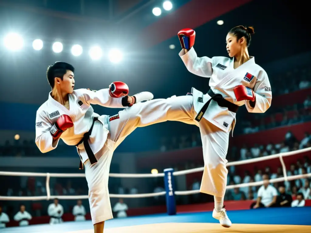 Dos atletas ejecutan un potente y preciso patada en un combate de Taekwondo, destacando la intensidad y habilidad