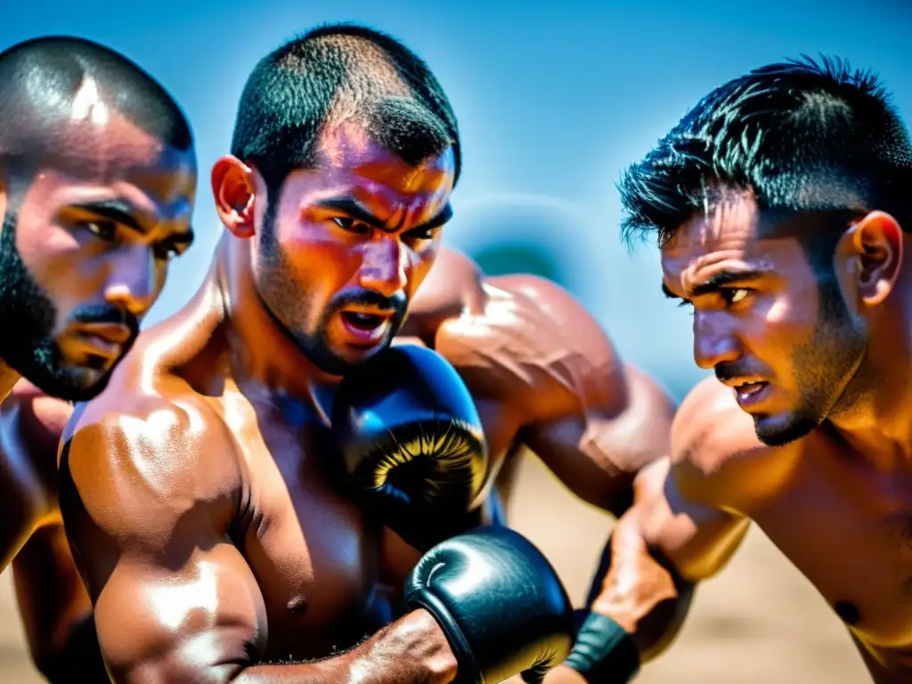 Atletas de Pankration entrenando intensamente bajo el sol en un campamento al aire libre