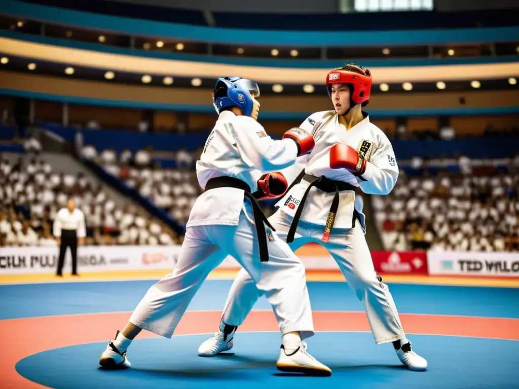 Dos atletas de taekwondo compiten en un estadio vibrante y lleno, reflejando el impacto cultural del Taekwondo