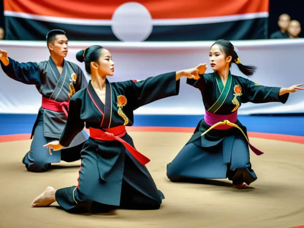 Competición de Silat: atletas en trajes tradicionales ejecutan movimientos sincronizados con gracia y poder