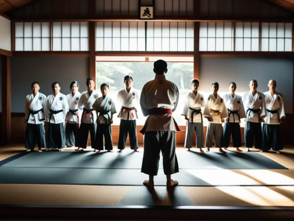 Una atmósfera reverente llena de tradición y sabiduría en un dojo de artes marciales, iluminado por un rayo de luz