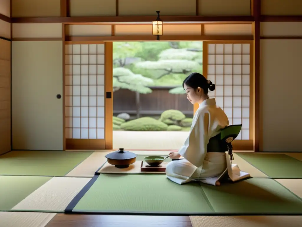 Una atmósfera serena y armoniosa se vive en esta imagen de una Ceremonia del Té y Aikido Japonesas en una sala de tatami iluminada por la luz natural