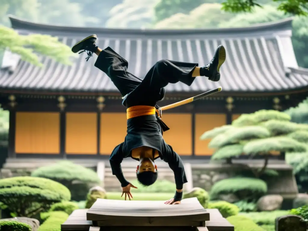 Ninja en pleno salto mortal: destreza y misterio en Japón Un hábil ninja, ejecutando un backflip en el aire, rodeado de exuberante vegetación y arquitectura japonesa