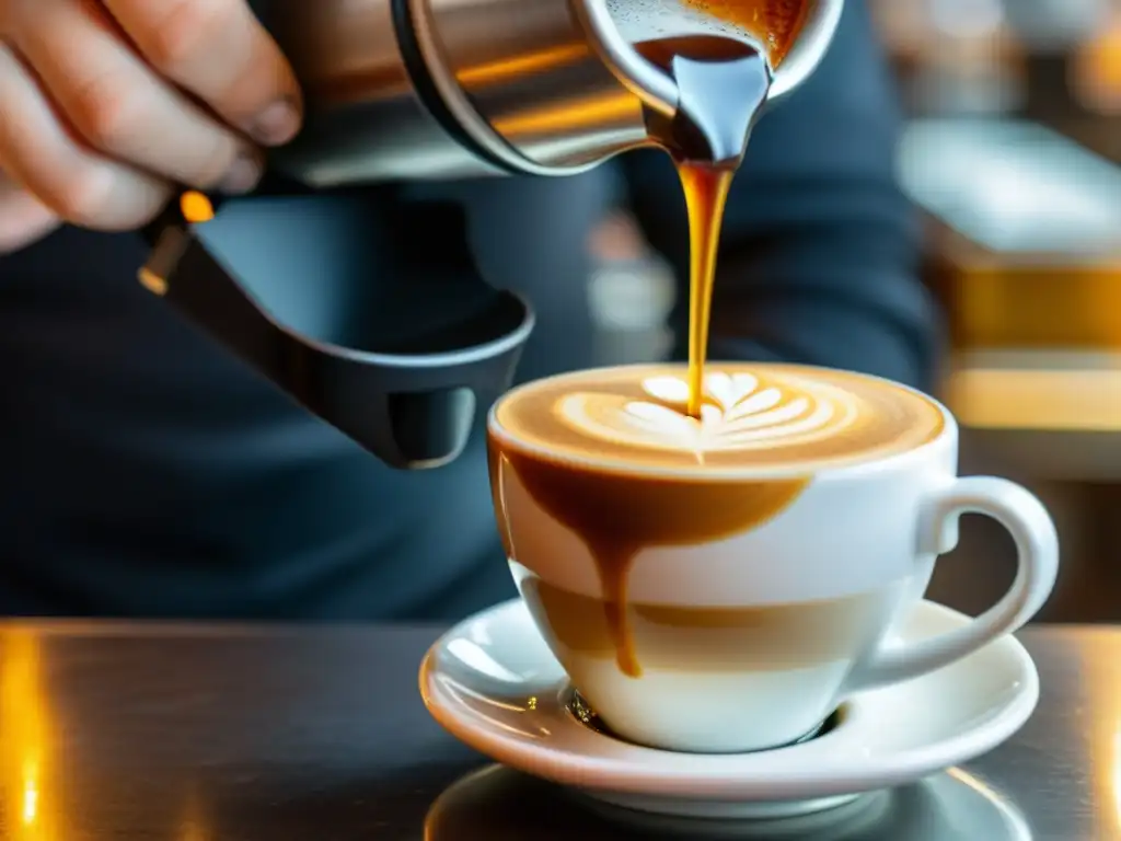 Un barista experto vierte un espresso cremoso en una taza blanca