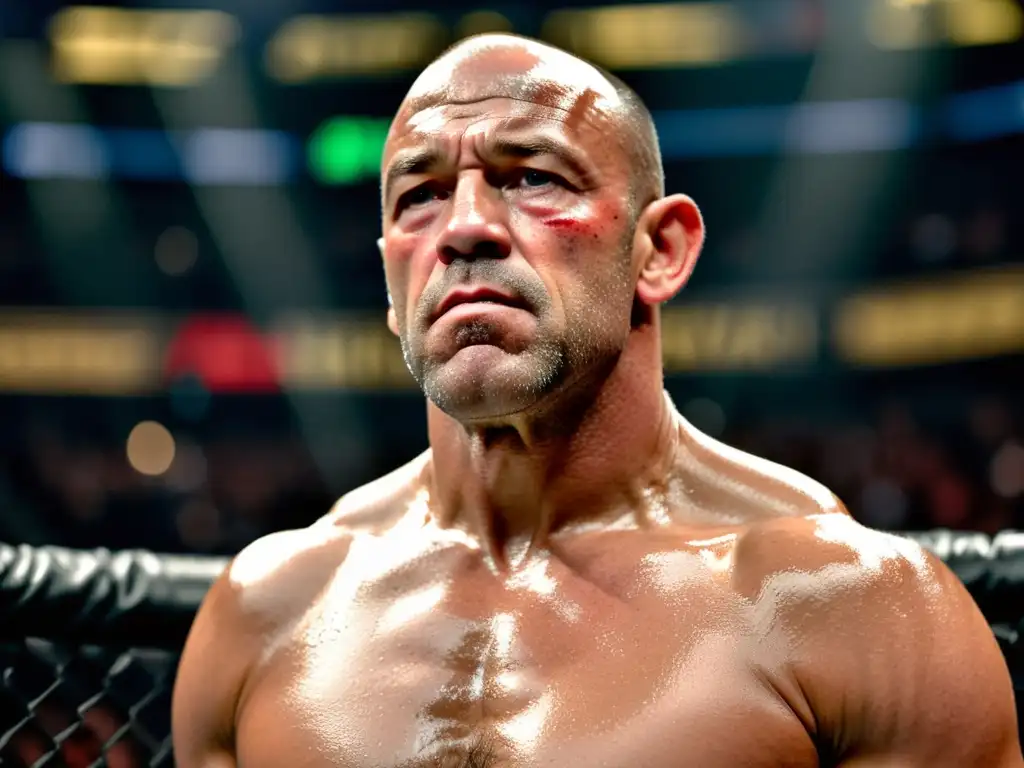 Mark Coleman se prepara para la batalla en el octágono de UFC, mostrando determinación y enfoque, en medio de la energía palpable de la arena