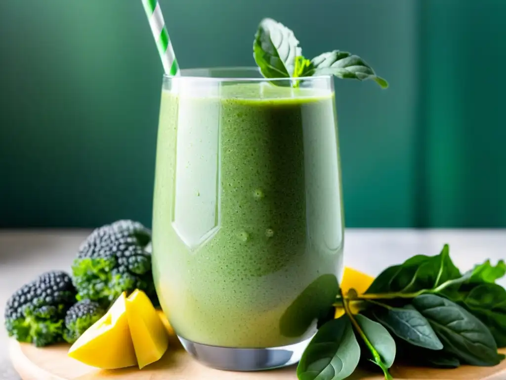 Un batido verde vibrante en un vaso transparente con gotas de condensación, rodeado de ingredientes frescos