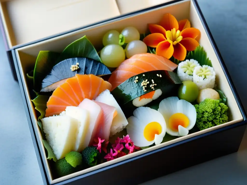 Un bento japonés con alimentos que mejoran la concentración, cuidadosamente dispuestos con sashimi, onigiri, verduras encurtidas y flores comestibles