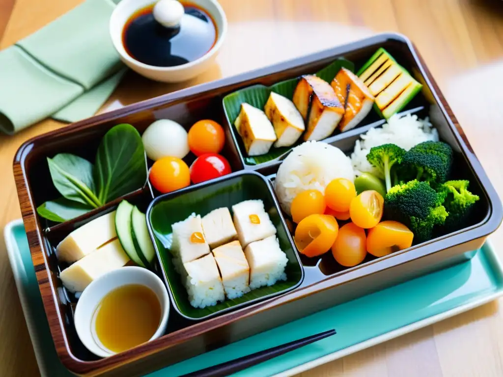 Un bento japonés lleno de comida saludable y vibrante, rodeado de utensilios tradicionales