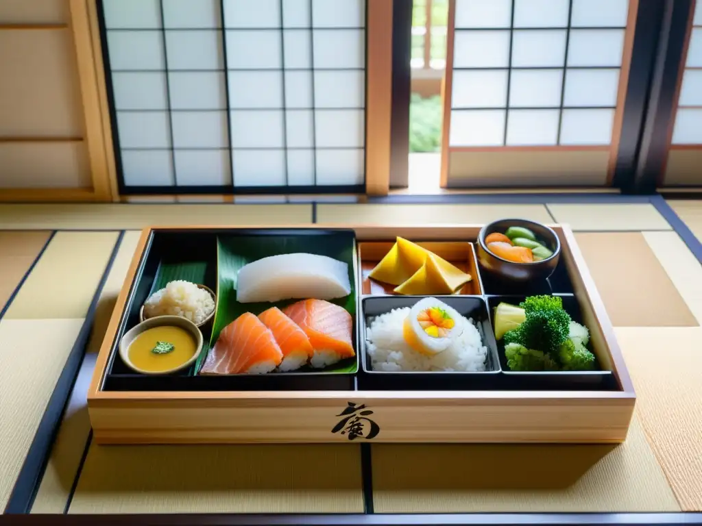 Un bento japonés tradicional con platos coloridos y vibrantes, en una habitación minimalista con tatamis y shojis