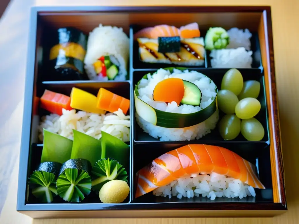 Un bento japonés tradicional con una presentación impecable y una variedad de deliciosos alimentos coloridos