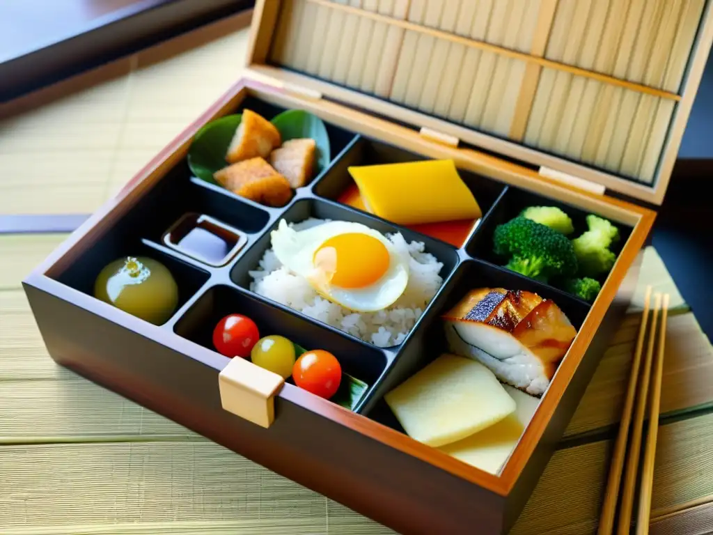 Un bento japonés tradicional con una variedad de platos coloridos y cuidadosamente dispuestos, rodeado de palillos y una salsa de soja