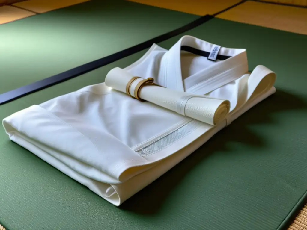 Un gi blanco de Aikido perfectamente doblado sobre un tatami, iluminado por luz natural