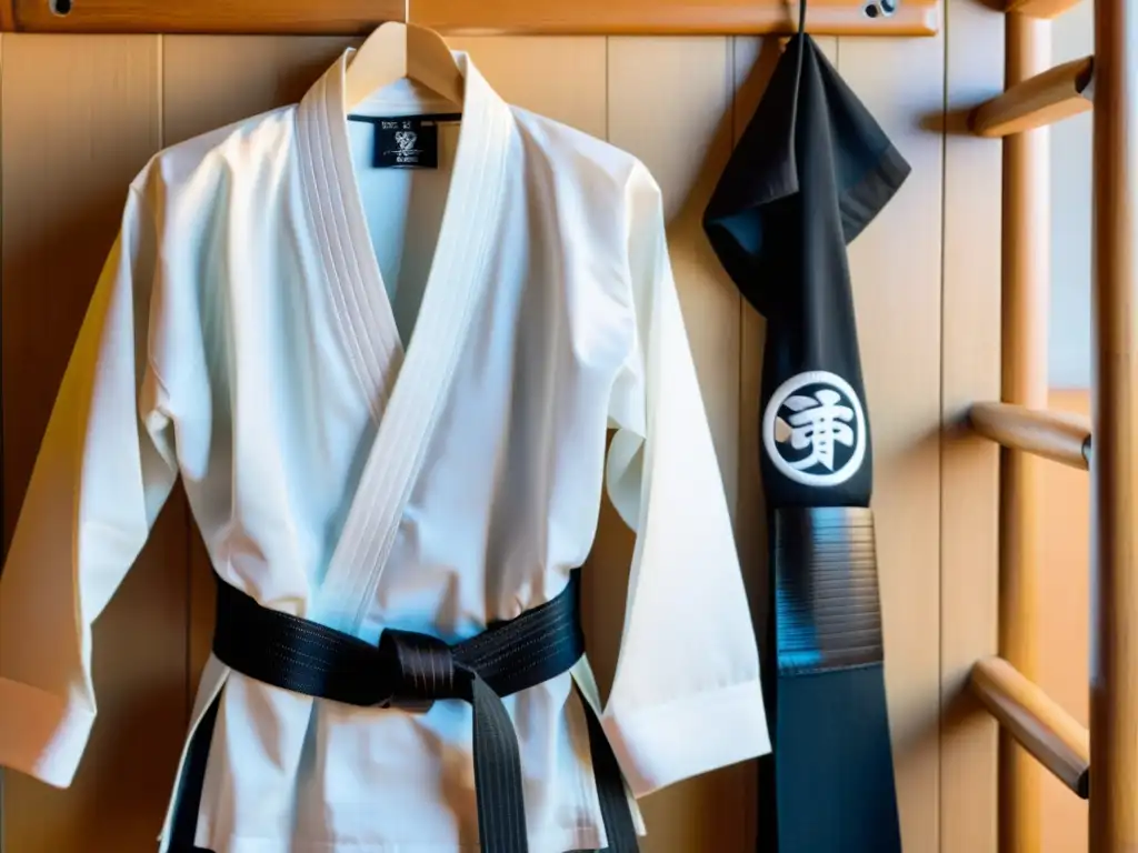 Gi blanco impecable en el dojo, simbolizando disciplina y tradición Un gi blanco impecable con un cinturón negro en un dojo iluminado por el sol