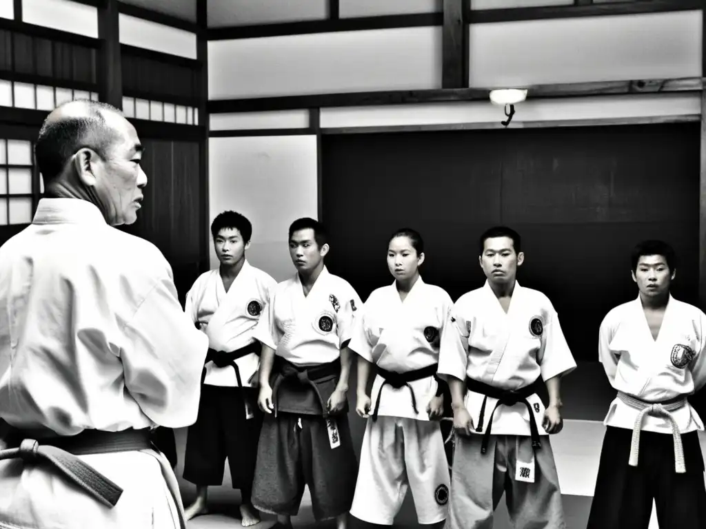 Una fotografía en blanco y negro de un dojo tradicional en Okinawa, con un sensei y estudiantes practicando técnicas de karate