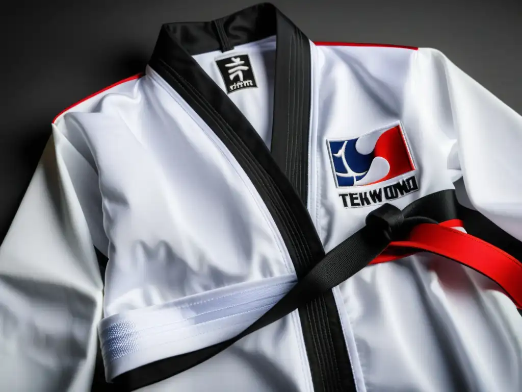 Un do bok blanco tradicional de Taekwondo desplegado, con detalles de costura y bordado, resaltando el emblema y caracteres coreanos