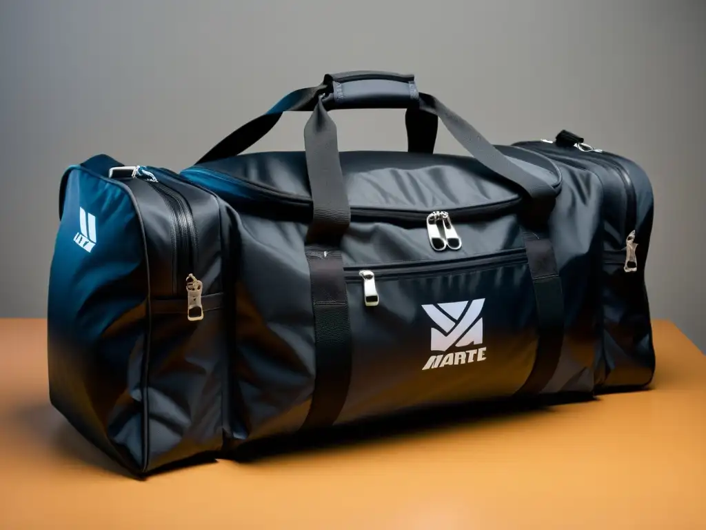 Una bolsa de transporte para equipo de artes marciales, resistente y espaciosa, repleta de uniformes y equipo de protección