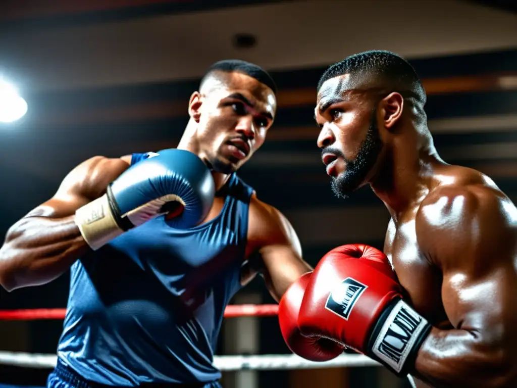 Boxeador concentrado golpeando escudo con determinación en gimnasio oscuro