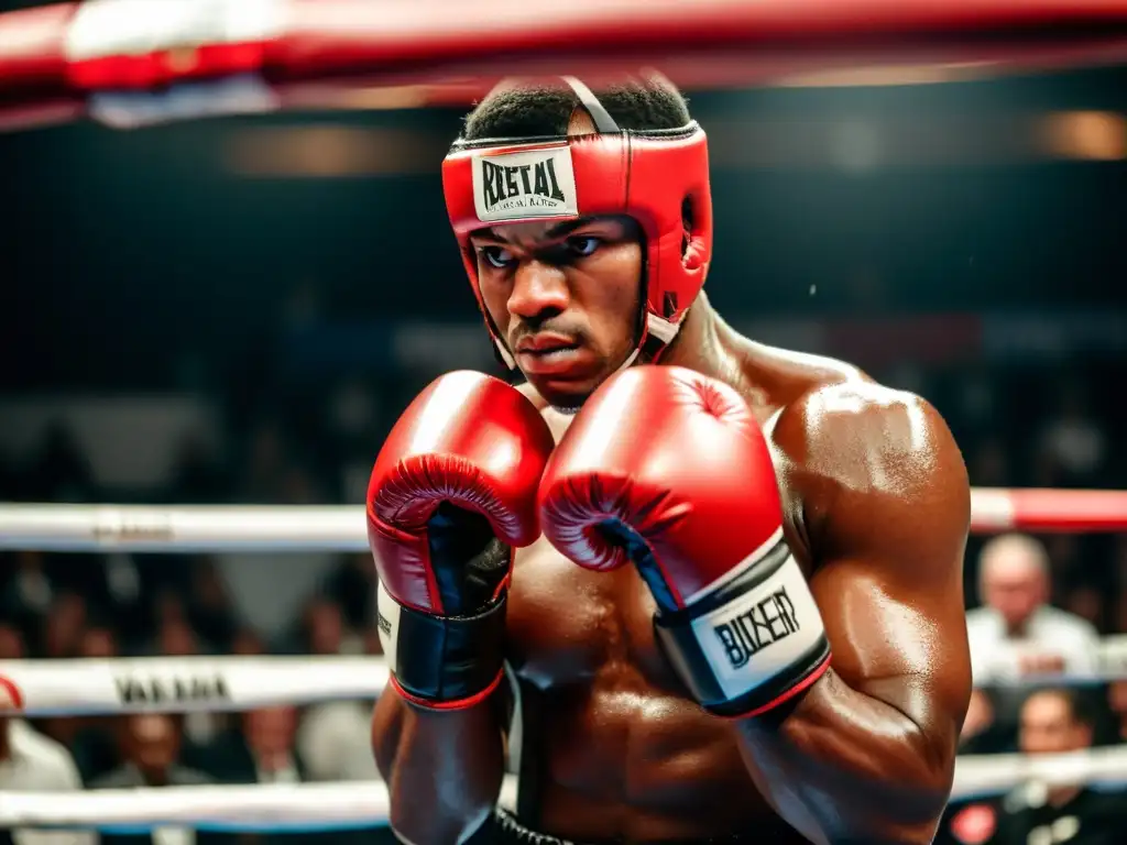 Preparación mental: El enfoque del boxeador en el ring Un boxeador concentrado en su esquina del ring, listo para estrategias con suplementos nootrópicos para táctica y estrategia en el ring