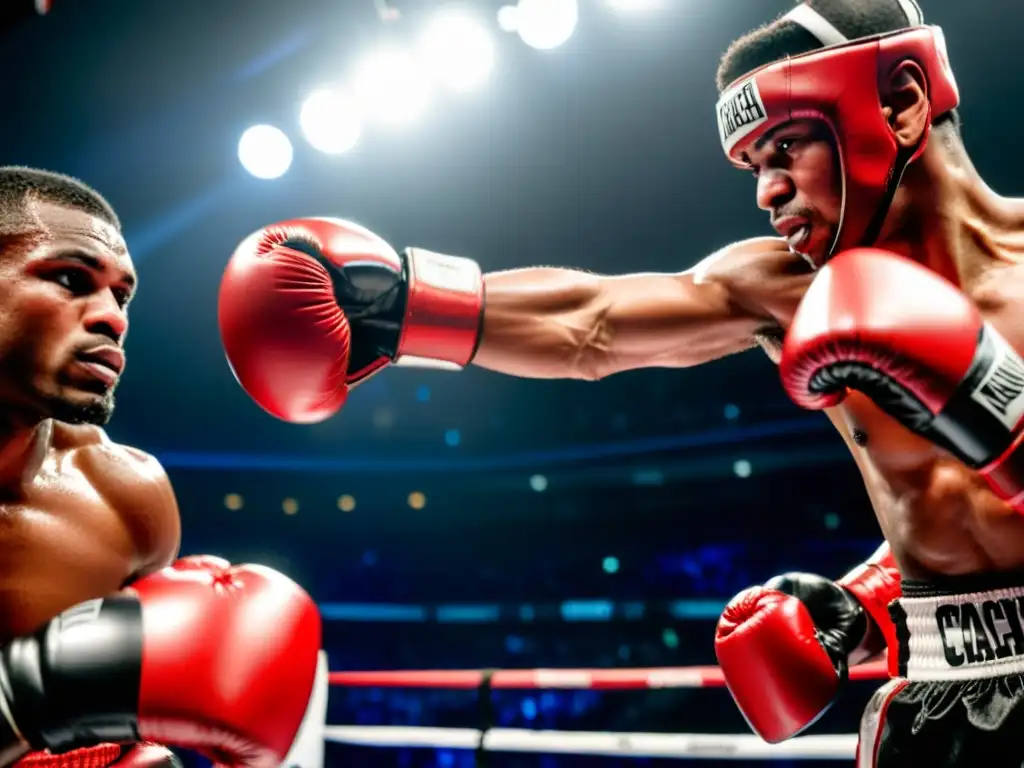 Un boxeador concentrado golpea con determinación en un gimnasio oscuro, mejorando técnica de golpeo con mitts y paos