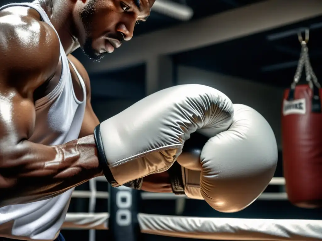 Un boxeador concentrado envuelve su mano con vendas blancas antes de golpear una bolsa pesada en un gimnasio sombrío