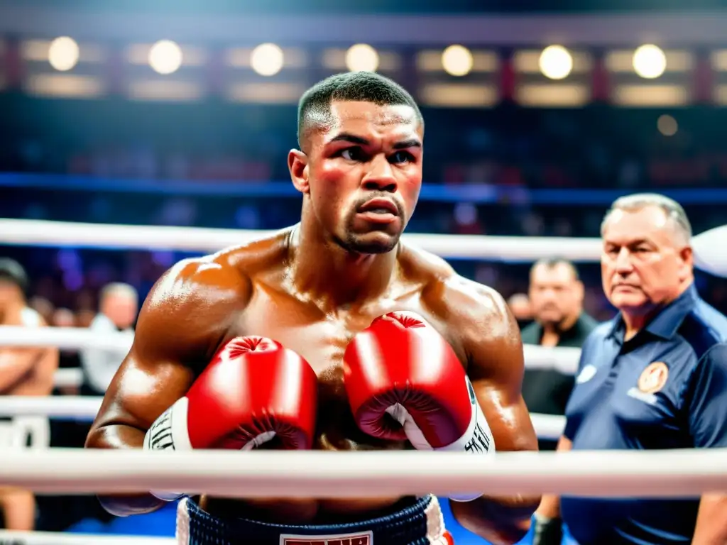 Mirada intensa del boxeador - estrategia y determinación en el ring Un boxeador concentrado planea su próxima movida en el ring, con sudor en la frente y determinación en la mirada