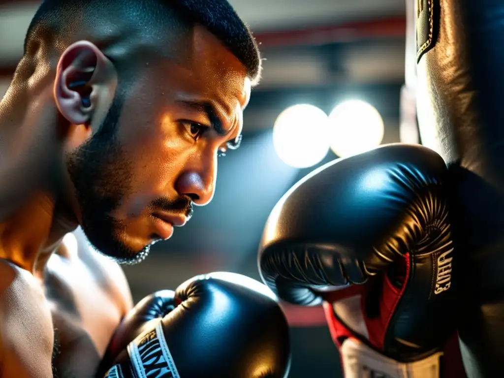 Preparación intensa: Boxeador lanza guantes Un boxeador determinado y enfocado, luchando y laciando los mejores guantes de boxeo 2023 en un gimnasio oscuro y rudo