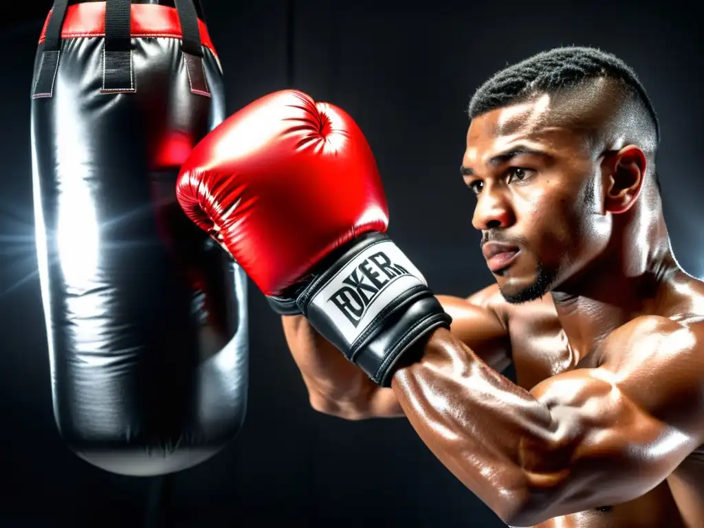 Un boxeador enfocado agarra con determinación una bolsa de velocidad plateada y negra, destacando su fuerza y habilidad