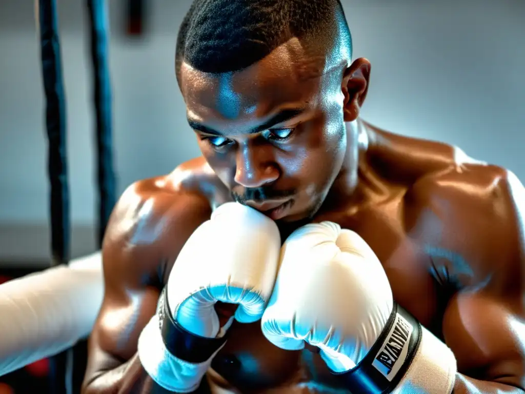 Un boxeador enfocado se prepara para el combate, envolviendo sus manos con vendas blancas