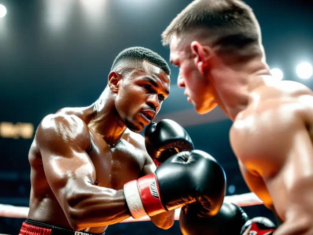 Un boxeador enfocado y determinado en el ring, con sudor en la piel, demostrando técnica y fuerza en el entrenamiento de boxeo